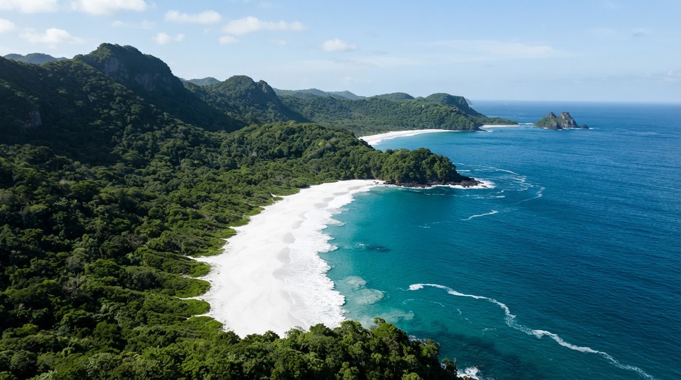 Praia brasileira vista do alto, mata e mar azul