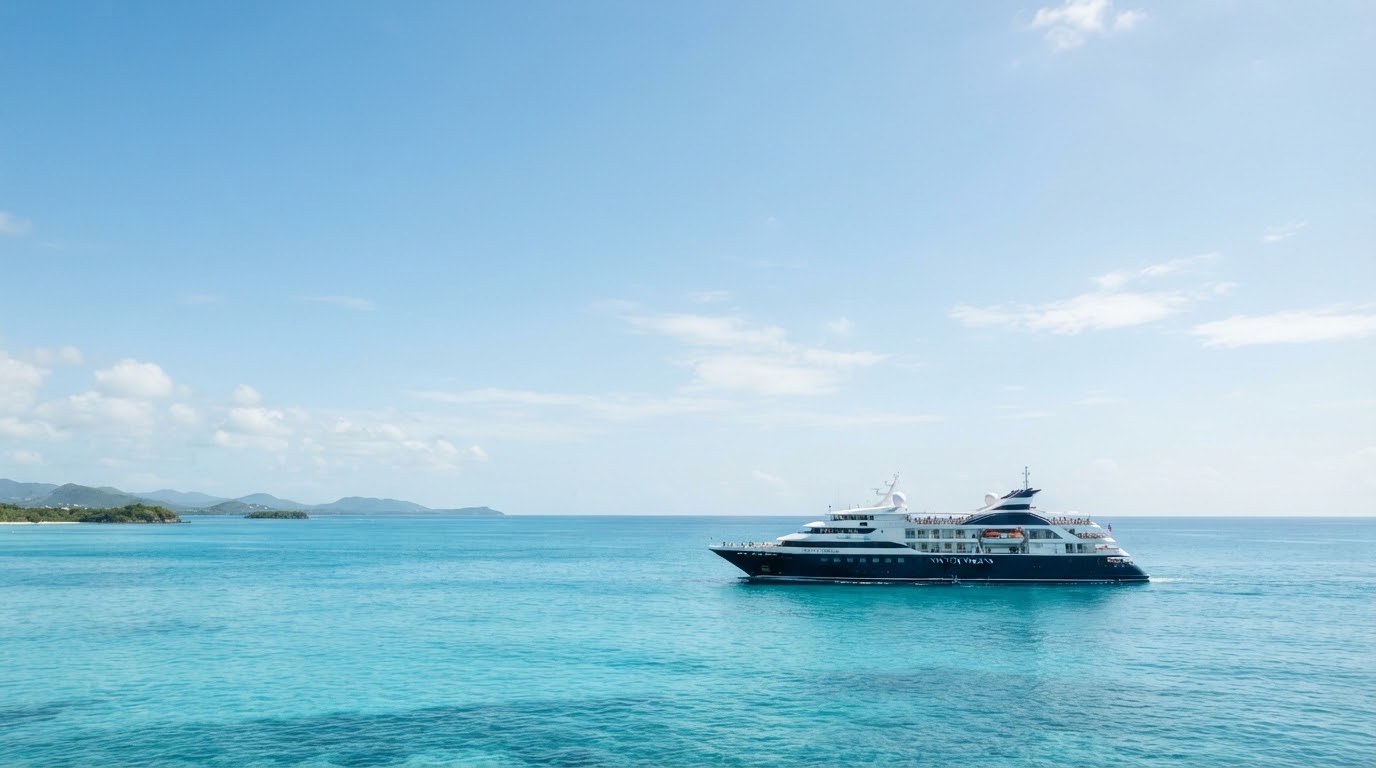 Navio de cruzeiro em águas turquesa do Caribe